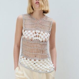 Zara Gray and White Crochet Tank Top